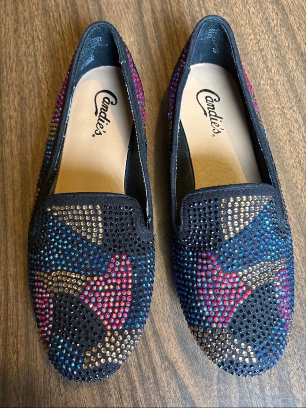 Candie's Size 7 Black Multicolor Crystal-Accented Women's Loafers
